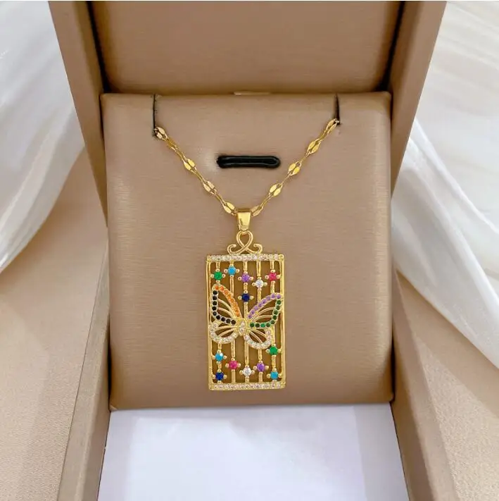 

Gold Plated butterfly square Necklace for Women Jewelry stainless steel multicolour Zircon Pendant Necklace Luxury Choker Korean