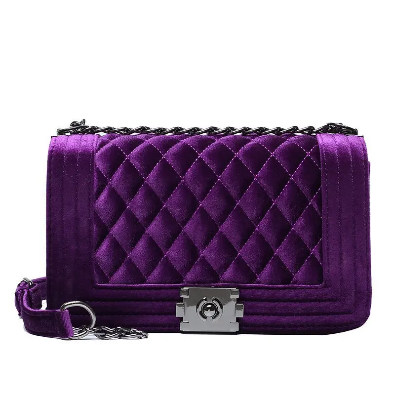 

Hot sale Trendy Purse Women Crossbody Bags Luxury brand purple double chain velvet Handbag, Picture