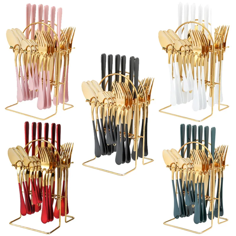 

Hot Selling 24 PCs Luxury Gold Stainless Steel Cutlery Set With Holder Wedding