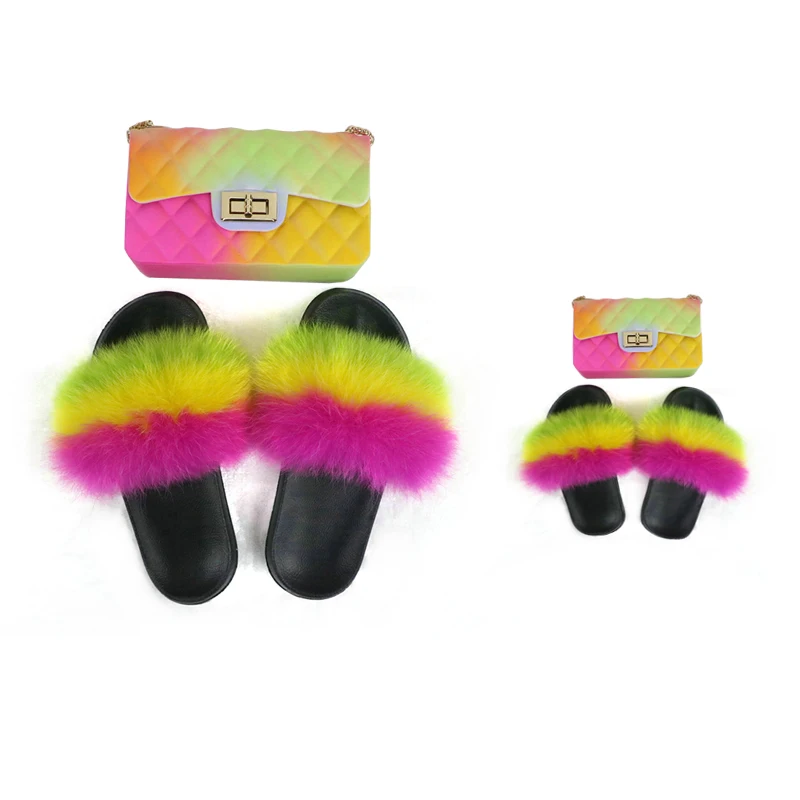 

QZTZ09-1 Mommy And Daughter Fur Slides Purse USA Vendors Furs Slides And Purse Fur Slides For Women Matching Purse, Pink,yellow,white,black,green,or custom