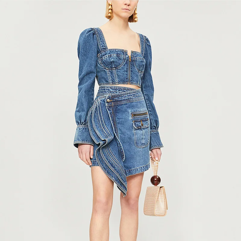 

Women Casual Street wear Jeans Shirt Square Collar Zipper Long Sleeves Crop Top Denim Backless Lace Up Blouse Shirt