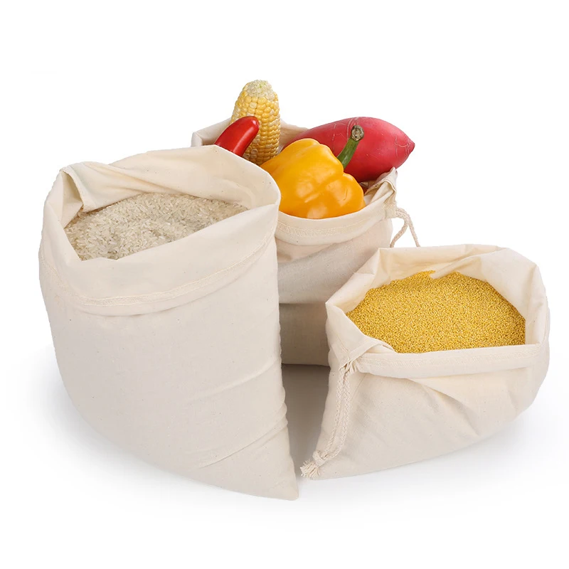 

High quality wholesale environmental protection organic cotton flour rice drawstring bag, Customized color