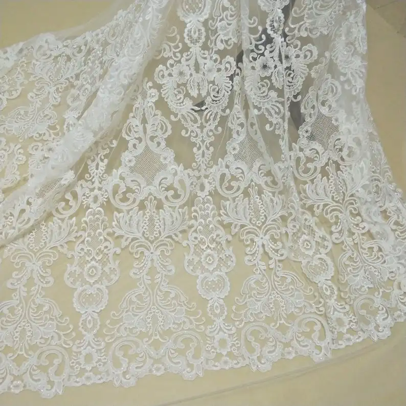 

SALE Ivory Alencon Lace Fabric Corded Lace Fabric Retro Embroidered Floral Fabric Bridal Lace Christening Gown Lace Fabric