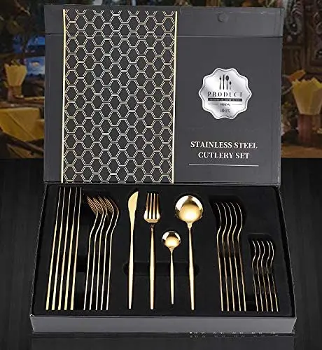 

High Grade Fancy 24 piece Mirror Gold Plated Dinner Stainless Steel Flatware Cutlery Set, Silver/gold/rose gold/rainbow/black