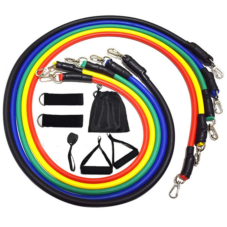 

Wholesale 11 Pcs Fitness Elastic Workout Custom Logo Training Latex Exercise Resistance Tubes Bands Set, Black/red/blue