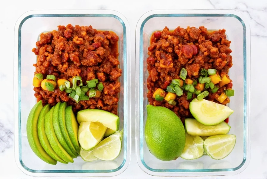Vegan chili meal prep containers with avocado and lime wedges, ready for lunch