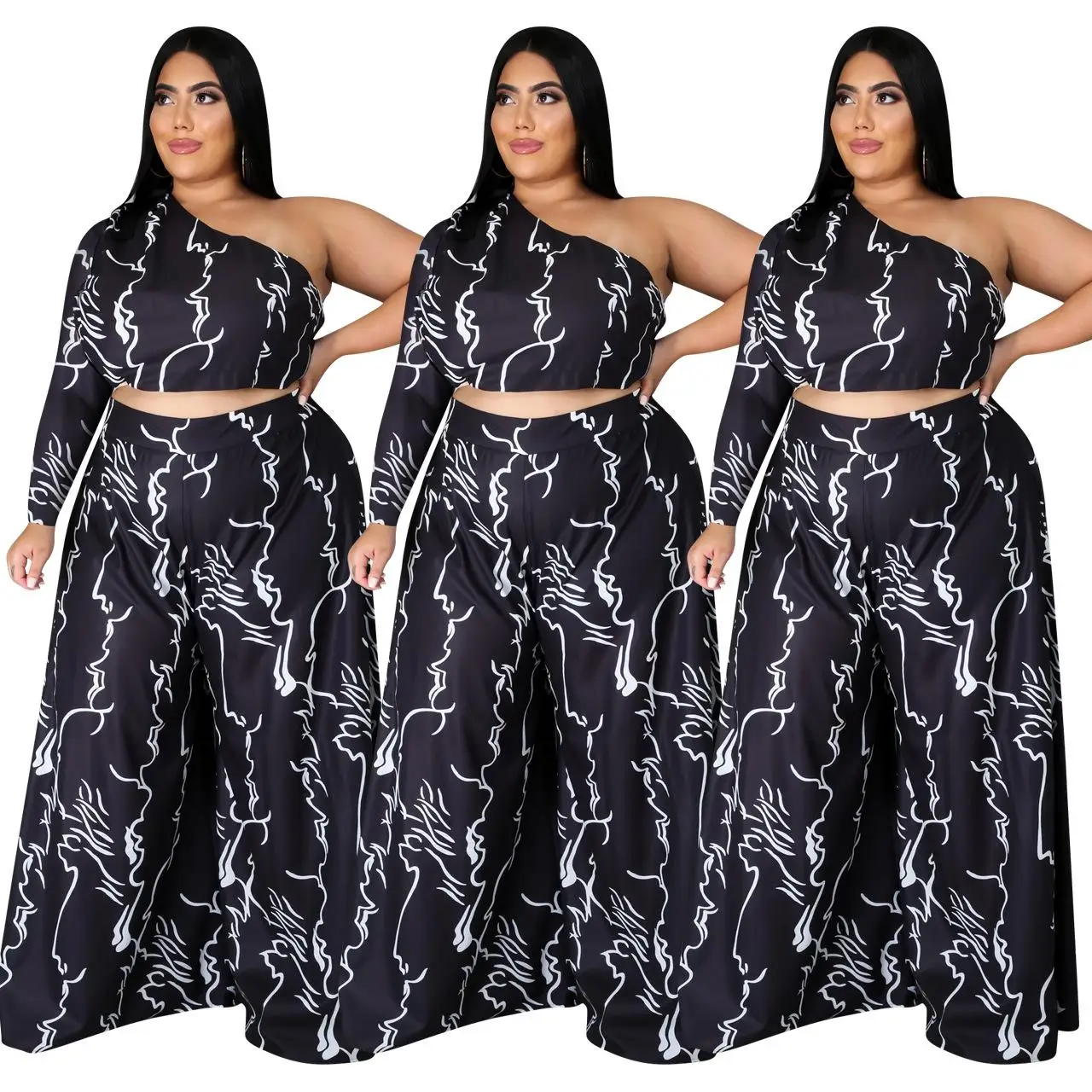 

Plus size women's fashion casual off-shoulder printing plus size two-piece suit