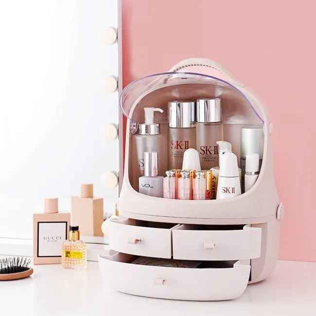 

Upgraded Design Portable Multifunctional Makeup Organizer Drawer Makeup Storage Box for Any Occasions, Light grey, pink