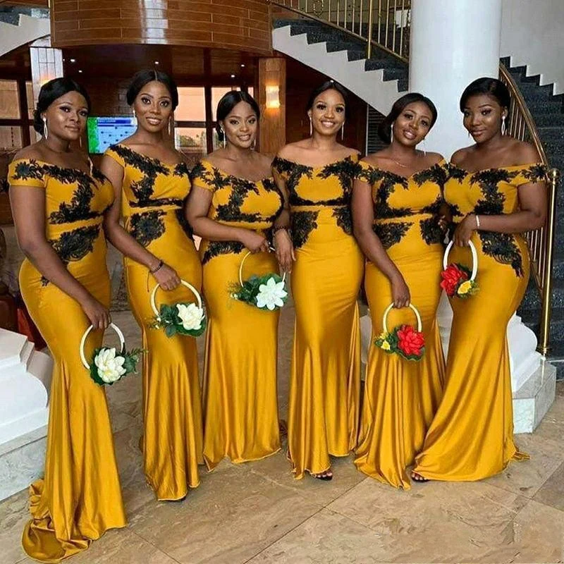 

Black Appliques African Maid of Honor Dress Yellow Formal Gowns Off the Shoulder Mermaid Long Bridesmaid Dresses MB510