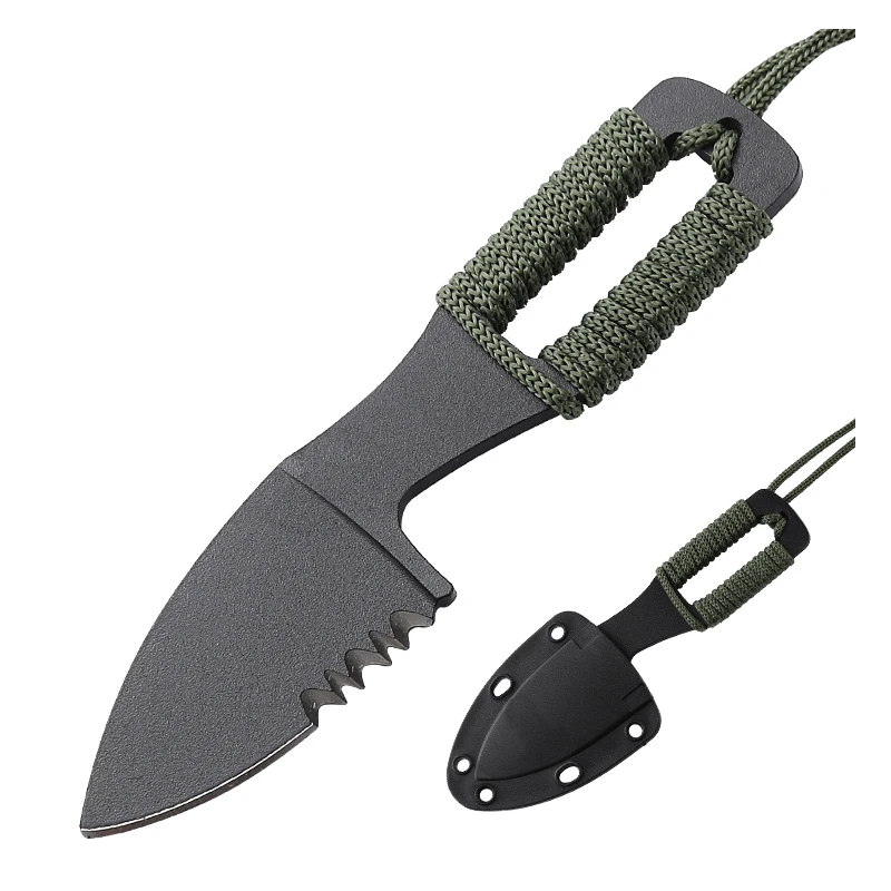 

Small Fixed Blade Knife serrated Blade Full Tang paracord Handle Necklace Sheath backpack Camping outdoor straight knife EDC