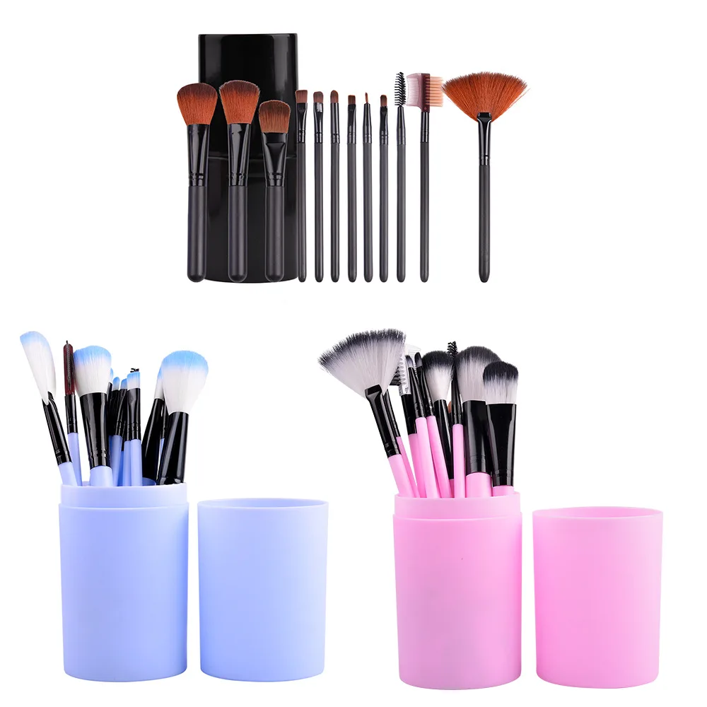 

wholesale brush set 12pcs makeup brushes soft fur imitation animal hair make up brush set, Black, blue and pink