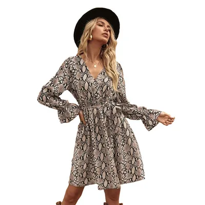 

Wholesale 2021 new fashion ladies dress long sleeve waist leopard snake print v-neck mini dress, Gray