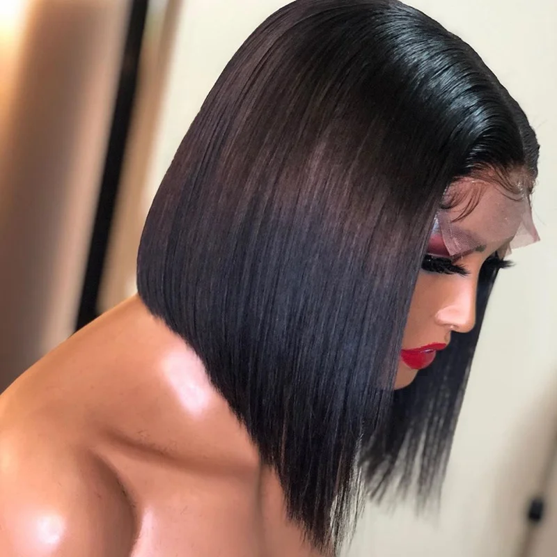 

New Collection Virgin 100 Human Hair Wig 10inch 150% Bob Cut Natural Black Wigs Preplucked Hairline