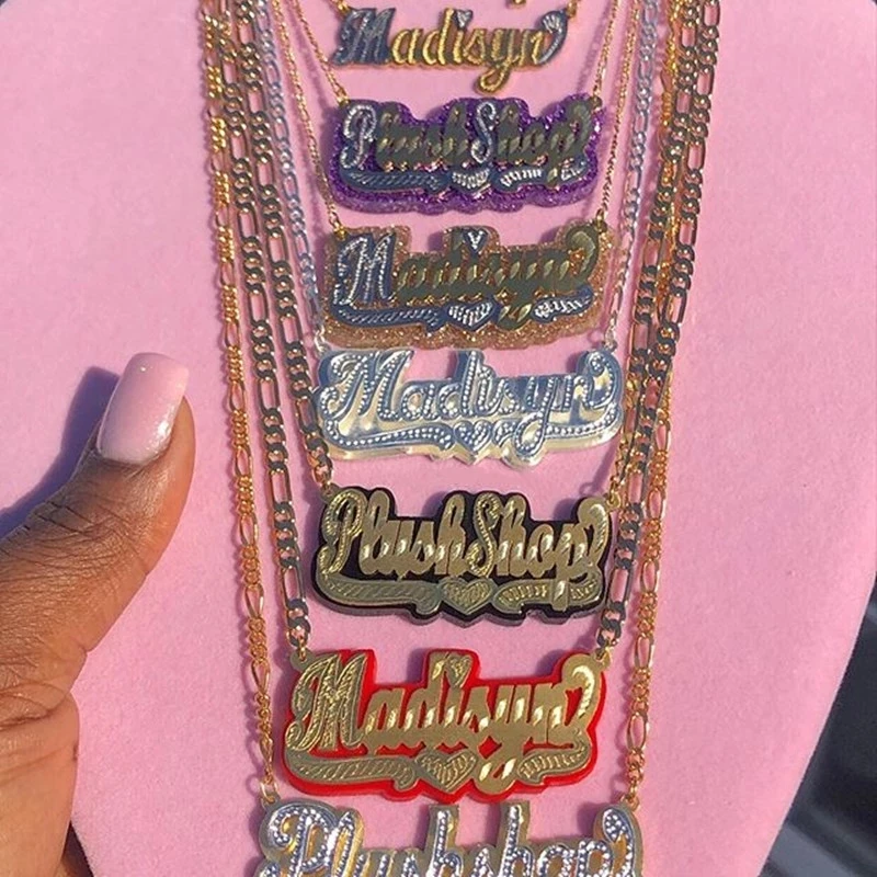 

2021 New Double Plated Name Necklace Custom Acrylic Pendant Necklace, Gold, silver, rose gold