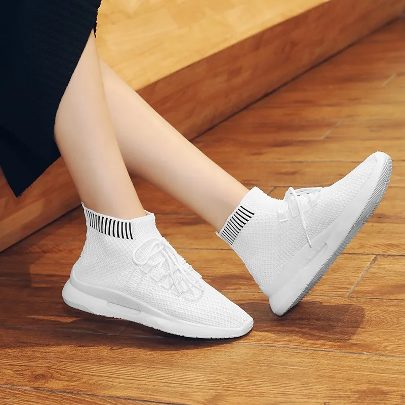 

High Top Lace-Up Fashion White Ladies Walking Style Socks Casual Women Flat Shoes, White\black