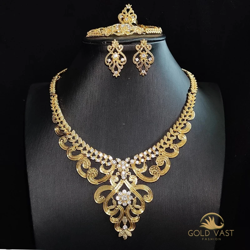 

New Spain Italy Middle East Gold-plated Earrings Necklace Bracelet Ring 4 Piece Set Wedding Jewelry Set joyas de oro italiano, Gold color