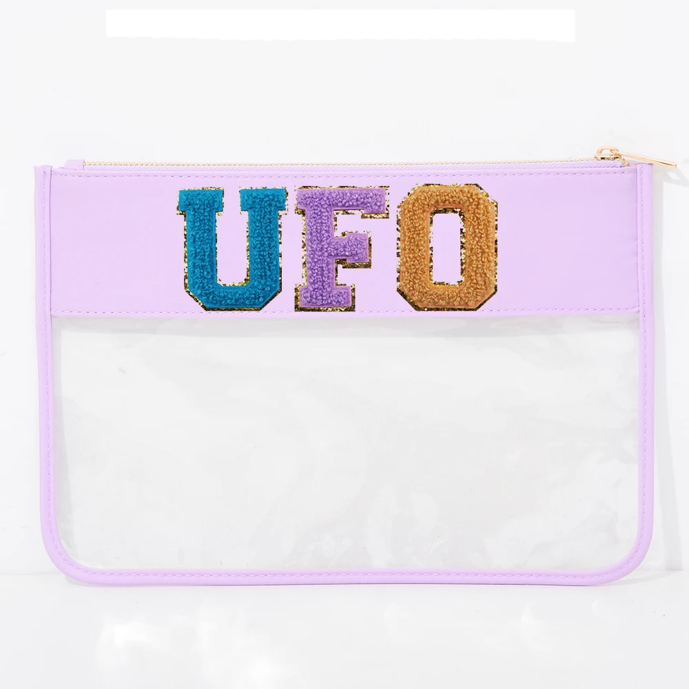 

Keymay Custom Chenille Patches Nylon Transparent Makeup Toiletry Wash Bag Waterproof PVC Zipper Cosmetic Bag Clear Flat Pouch