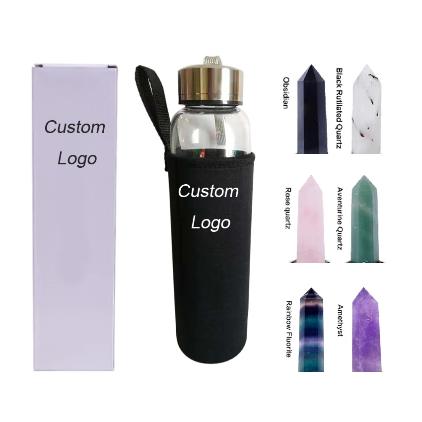 

Custom logo Rose Quartz healing Crystal infused gemstone for glass Water Bottle, Transparent clear