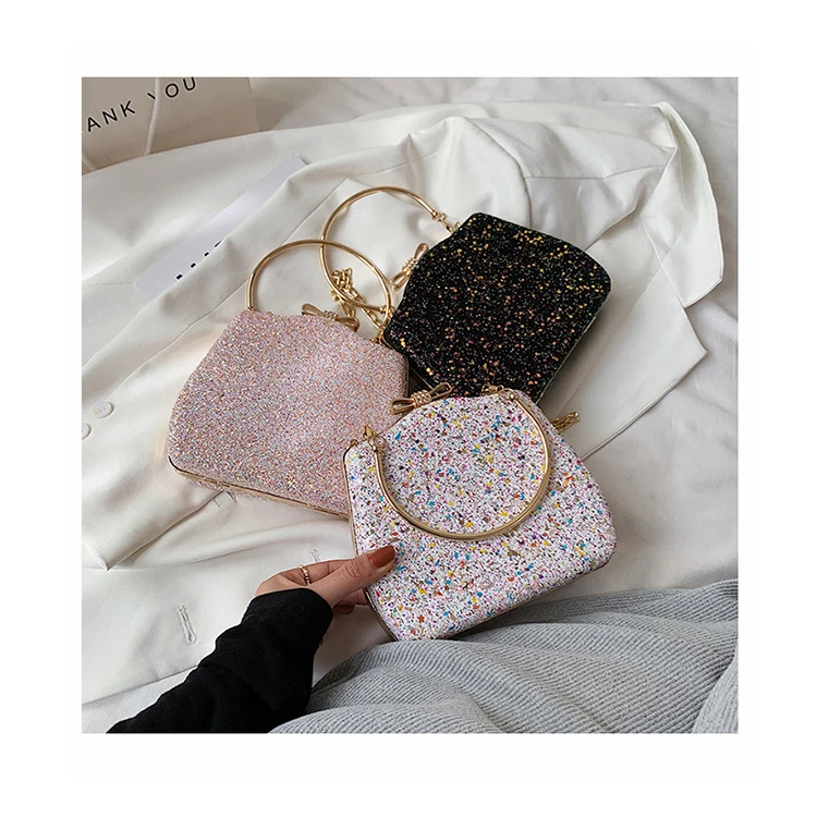 

Sequined Evening Party Hand Bags New Lady Luxury Metal Ring Handle Messenger Bags Chain Box Clutch Women Handbags and Purses sac