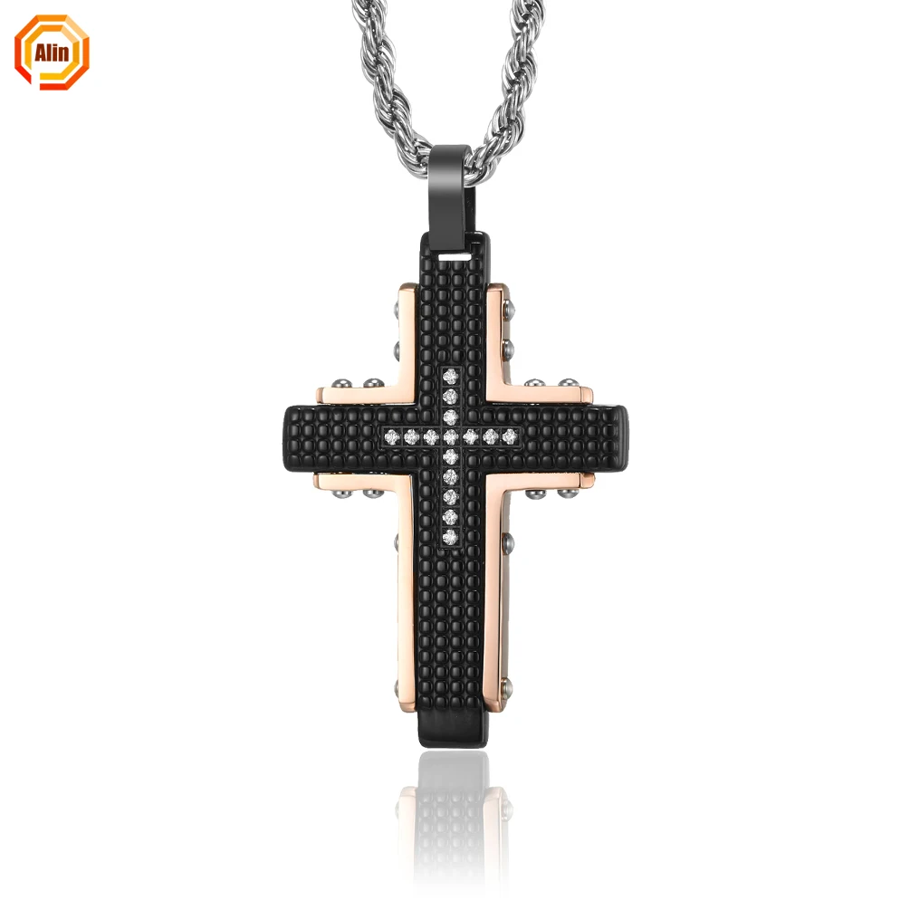 

2021 stainless steel 316L luxurious inlay zircon elegant cross necklace rosegold&black two-color plating necklace for men