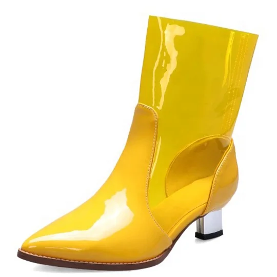 

Women's Fashion Shoes Square Low Heel Transparent Ankle Boots for Lady Snakeskin Print Dress Party Sexy Short Boots, Yellow black snakeskin