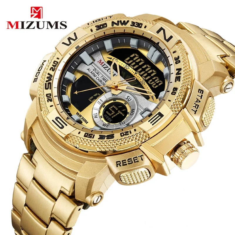 

MIZUMS M8007 Watch Luxury Male Waterproof Wristwatch Stainless Steel Digital Quartz Double Display Watches Men Wrist Relogio, 5-colors