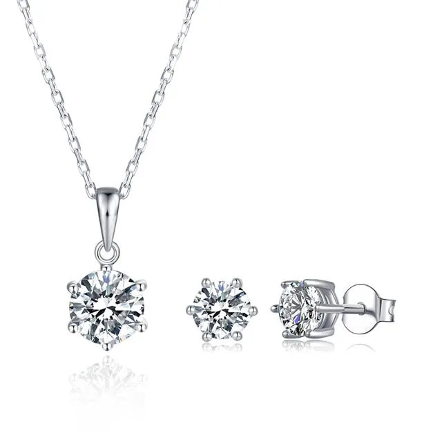 

White Gold Plated 1ct 6.5mm Moissanite Necklace And 0.5ct 5mm Moissanite Earrings Moissanite Jewelry Set