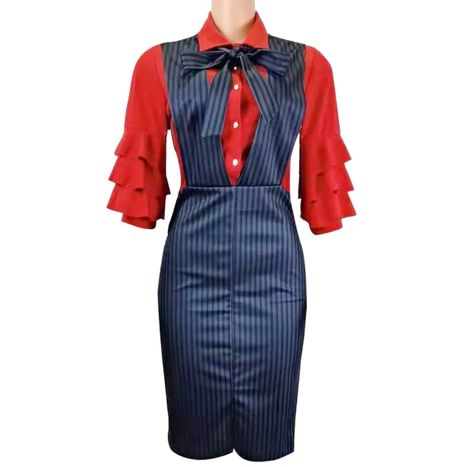 

ladies clothing Faux Two Piece Patchwork Striped Print Ruffles sleeve turkey ladies dress suit women dresses for office work, Customized color