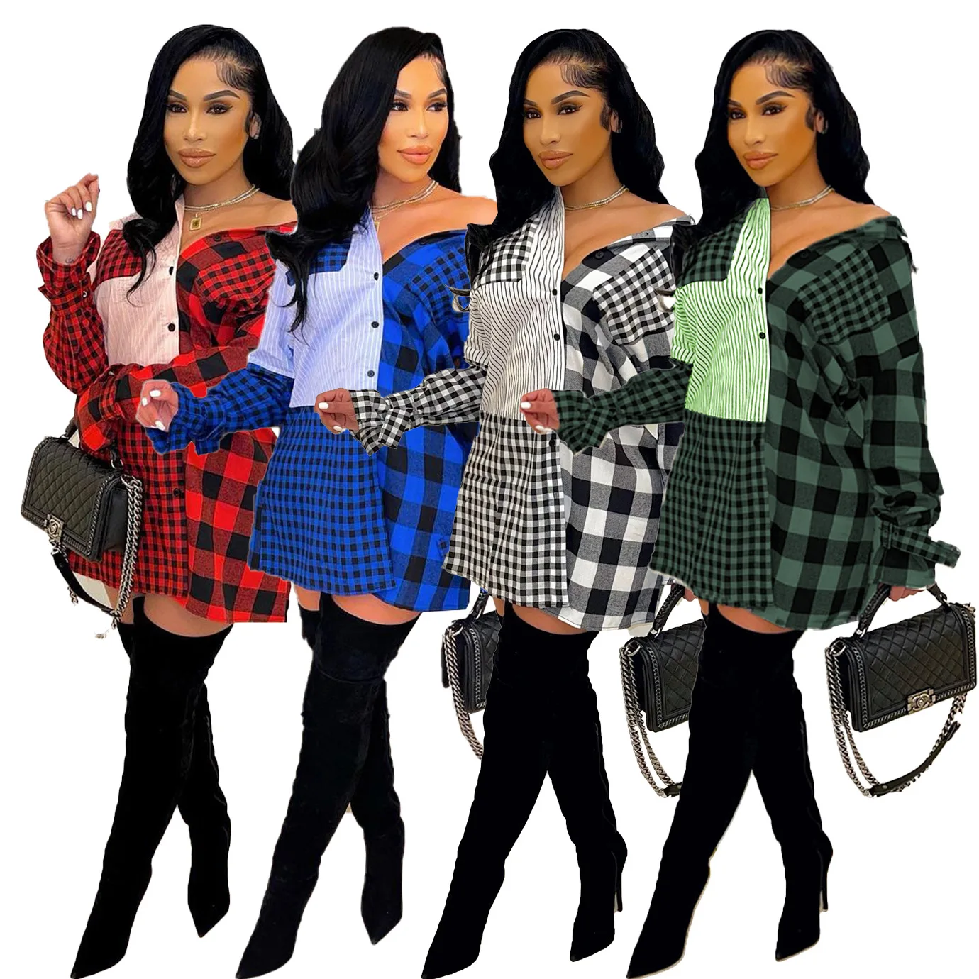 

Fashion 2022 Plaid Patchwork Long Sleeve Multi Button Elegant Shirt Dresses Street Wear Woman Casual Dress, Color