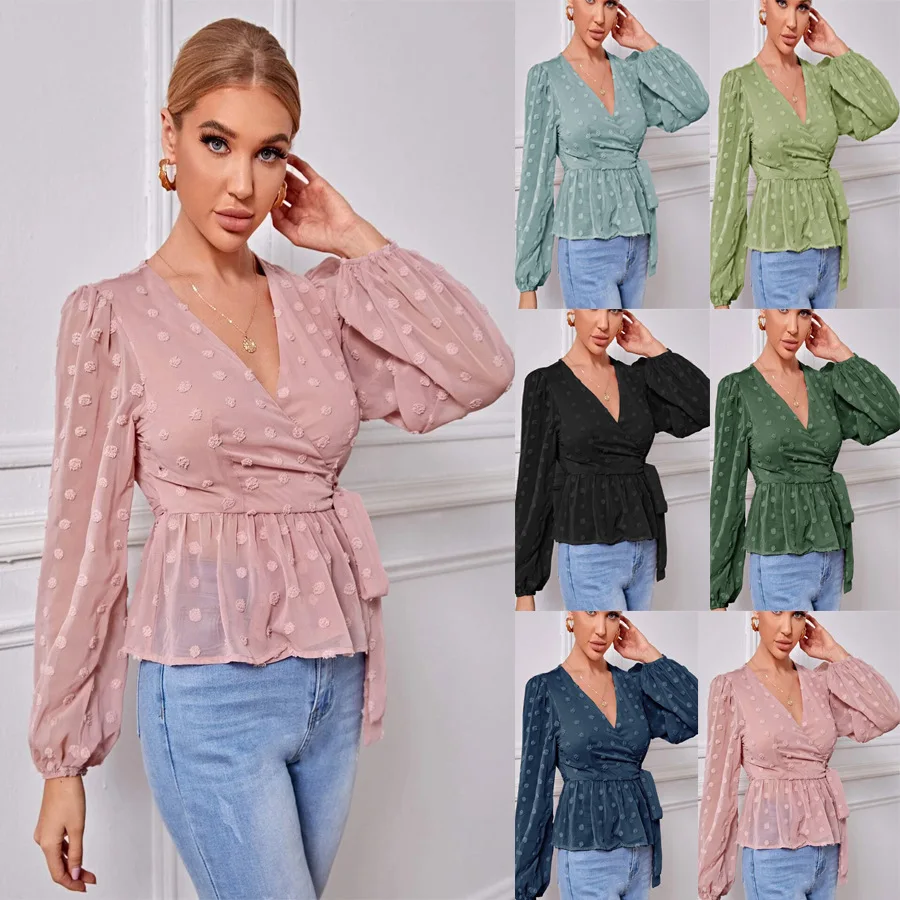

Light mature women's shirt 2021 spring and summer temperament long-sleeved V-neck slim top, Picture color