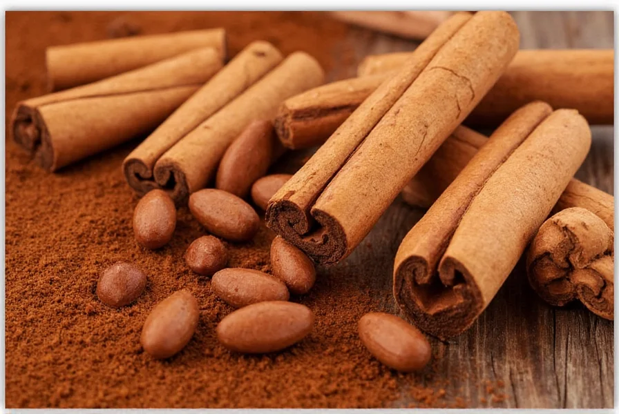 Close-up of cinnamon sticks and ground cinnamon with nutritional information overlay showing vitamin K content