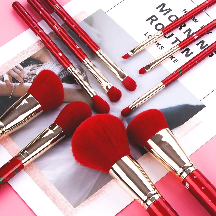 

ZH 10pcs factory sales high quality christmas makeup brush set red