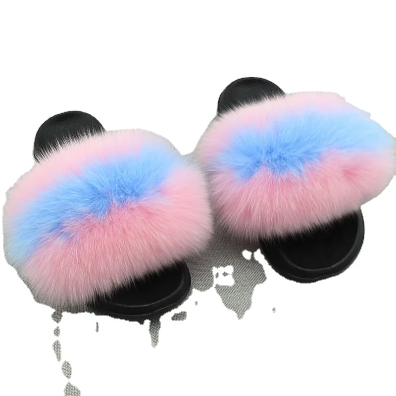 

slider slippers Best selling jtfur fuzzy fox fur summer cute sandal for women beach girls casual colorful slides