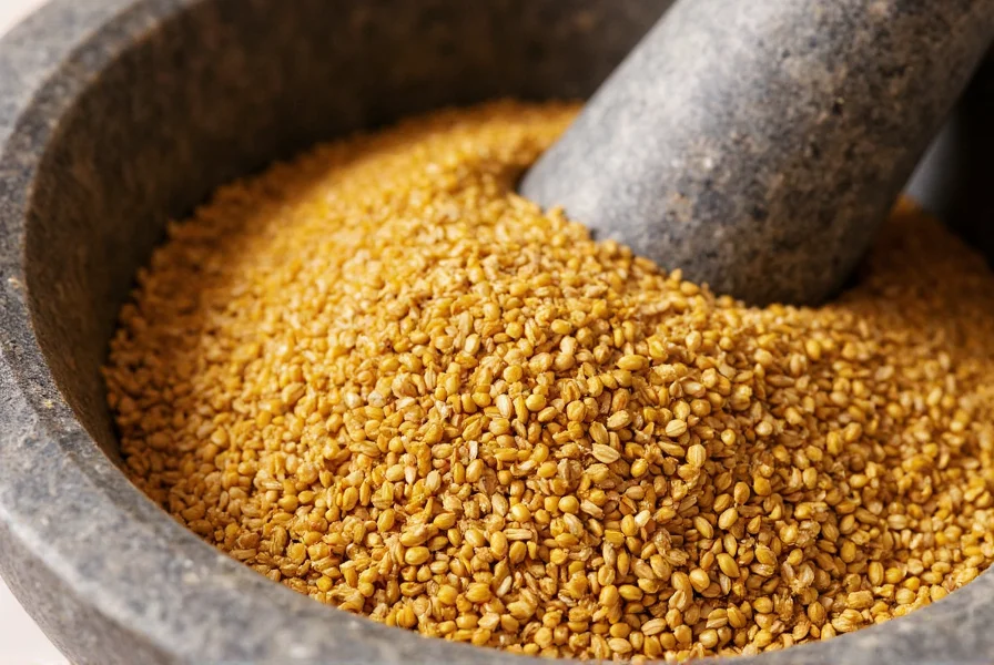 Close-up of golden brown coriander seeds in a mortar with pestle