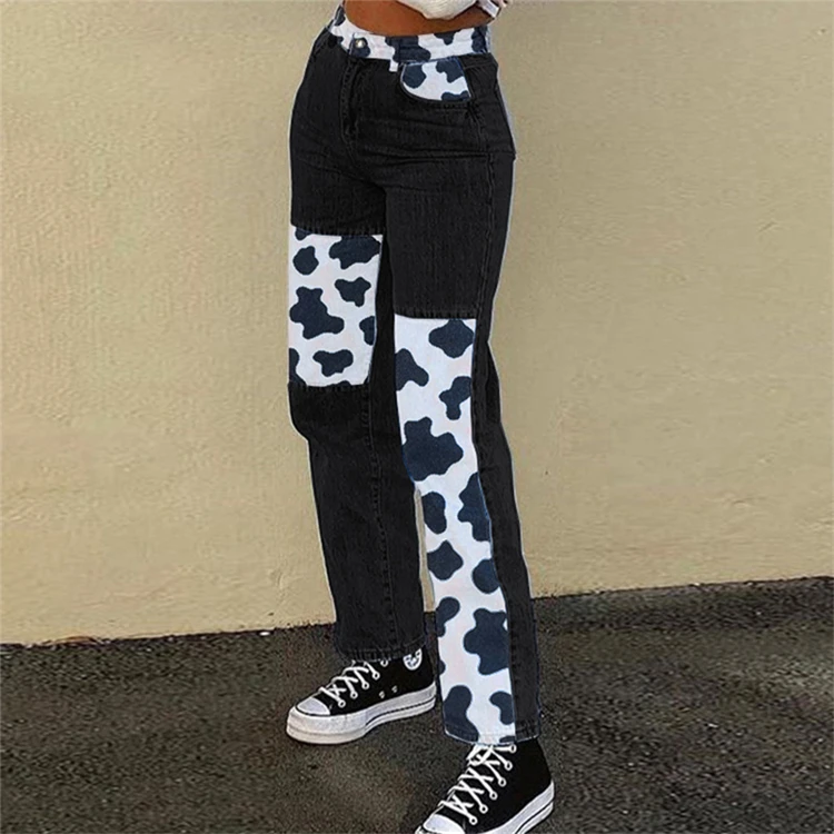 

D95586 2020 new arrivals women's breathable jeans high waist printed trousers