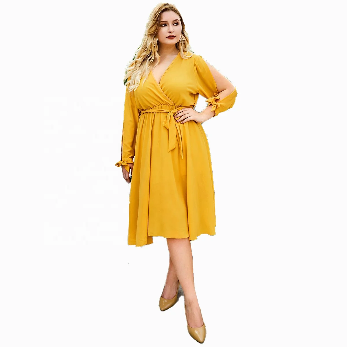 

2020 Wholesale ODM Maxi Yellow Bandage Long Sleeve Sexy 4XL Plus Size Dress For Fat Women