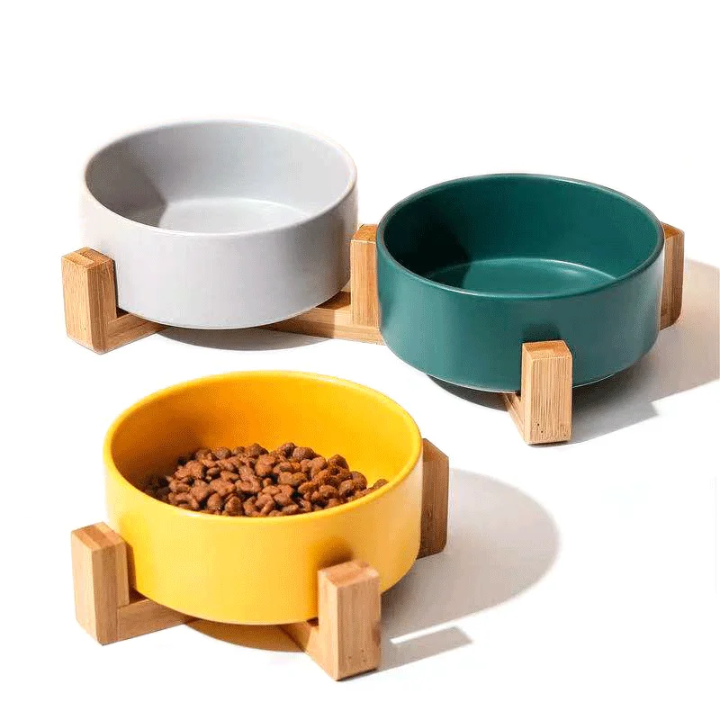 

Custom Multicolor Ceramic Cat Bowl Bamboo Wood Stand Easy Clean Pet Food Feeder, Black green/gray/pink/white/yellow