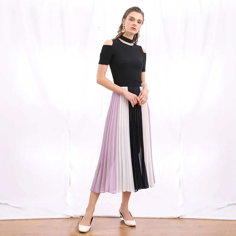 

C015 Spring Summer Fall High Quality Fashion New Elegant Sunray Pleat Color Blocking Party Evening Casual Girls Women Skirts