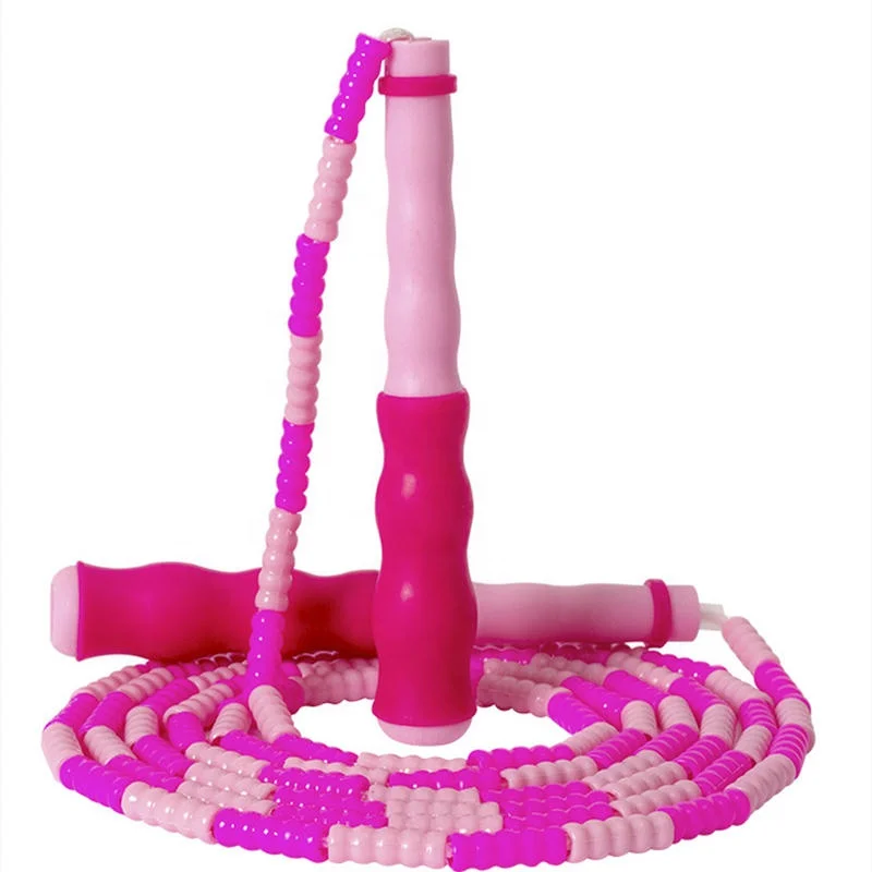 

New Style Custom Logo Kids Beaded Fitness Plastic Soft Children Perfect Bamboo Handle Adjustable Beads Skip Jump Rope For Kids, Blue, pink,green,purple