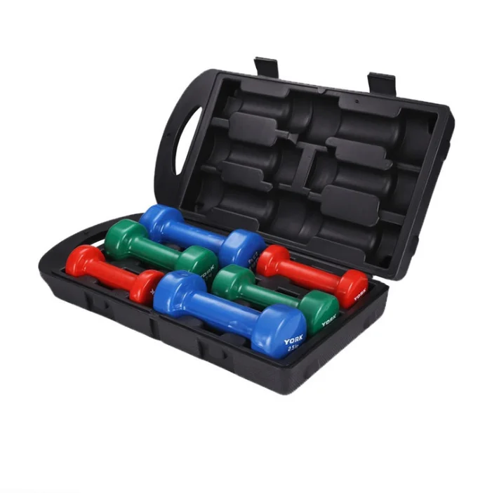

Wholesale high quality fitness hexagon hand weightlifting pu chrome neoprene dumbbell set box 10kg, Blue green red