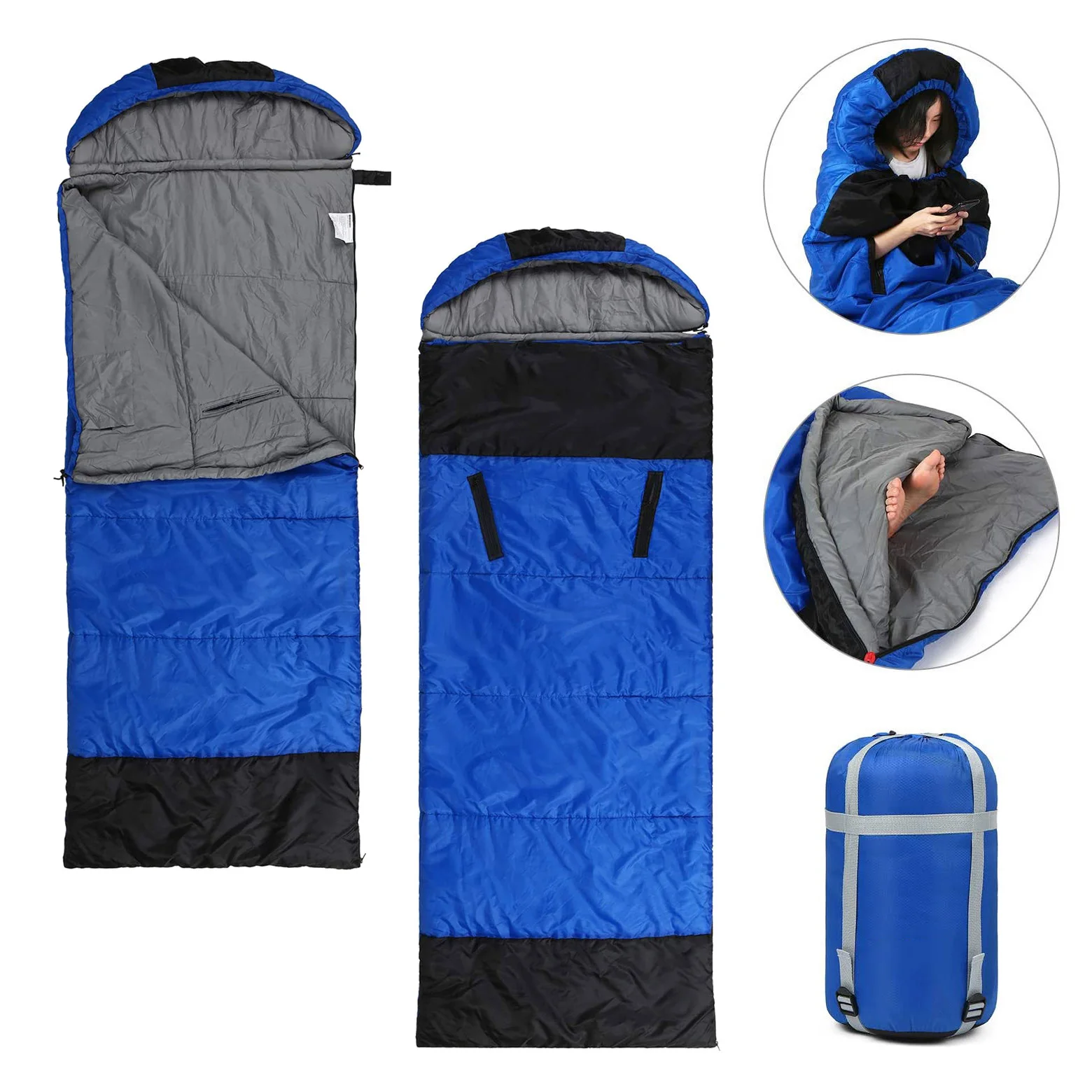 

Outdoor portable personal sports water-resistent fabric lightweight wide warm hand free capped envelope nature hike sleeping bag, Customized color