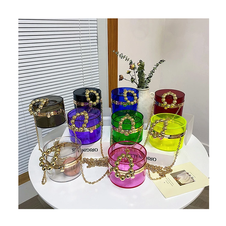 

Acrylic Barrel-shaped Hand Bags For Women Transparent Small PVC Clutch Luxury Beaded Handbags and Purses Chain Crossbody Bags