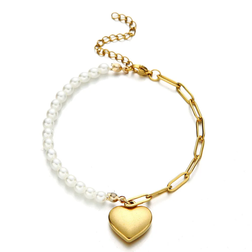 

New Arrival Creative 18K Gold Plated Pearl Link Chain Heart Bracelet Adjustable 316L Stainless Steel Pearl Heart Charm Bracelet