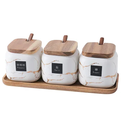 

New Arrival Household Kitchen Ceramic Marble Pattern Frosted Seasoning Jar Set Accept Private Label