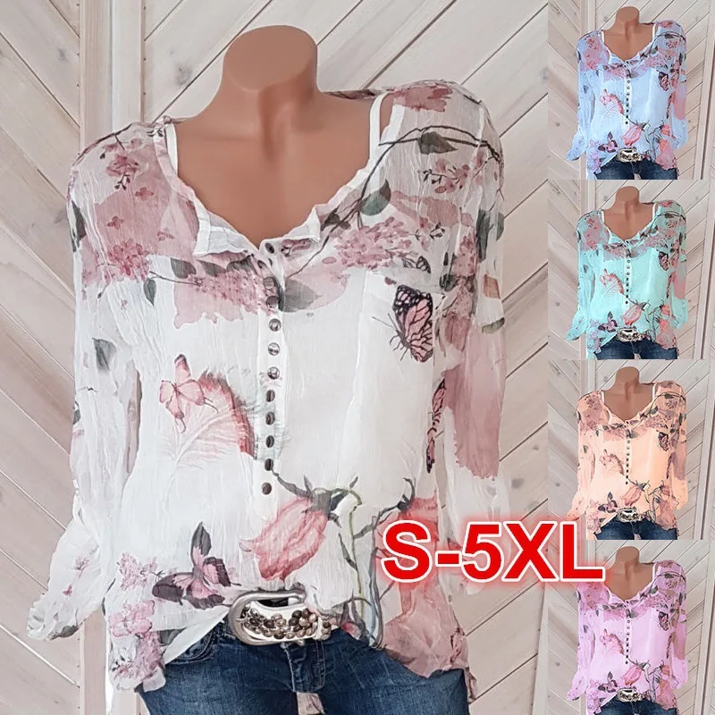 

MIYU 2021 Big Size Floral Butterfly Lady Shirt Chiffon Women Blouse