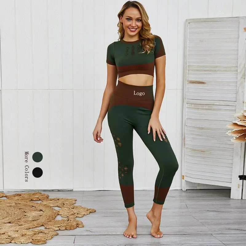 

Latest Design Women Knitted Seamless Yoga Suit Exercise Fitness Running Perforated Leggings Suit, As picture