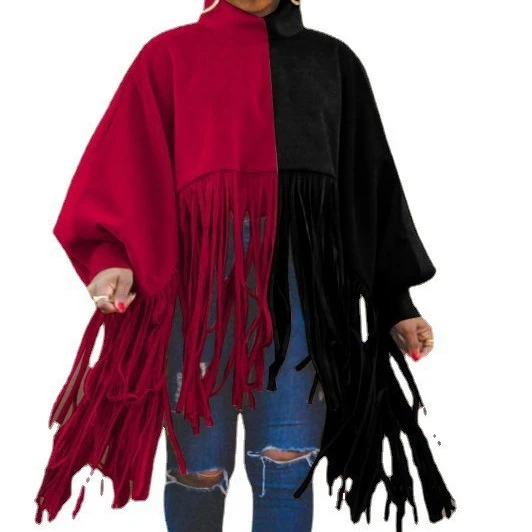 

Streetwear Tassel Fringe Tops Women Long Sleeve Cape Shawl Diagonal Poncho Turtleneck Pullover Soft Women's Cloak