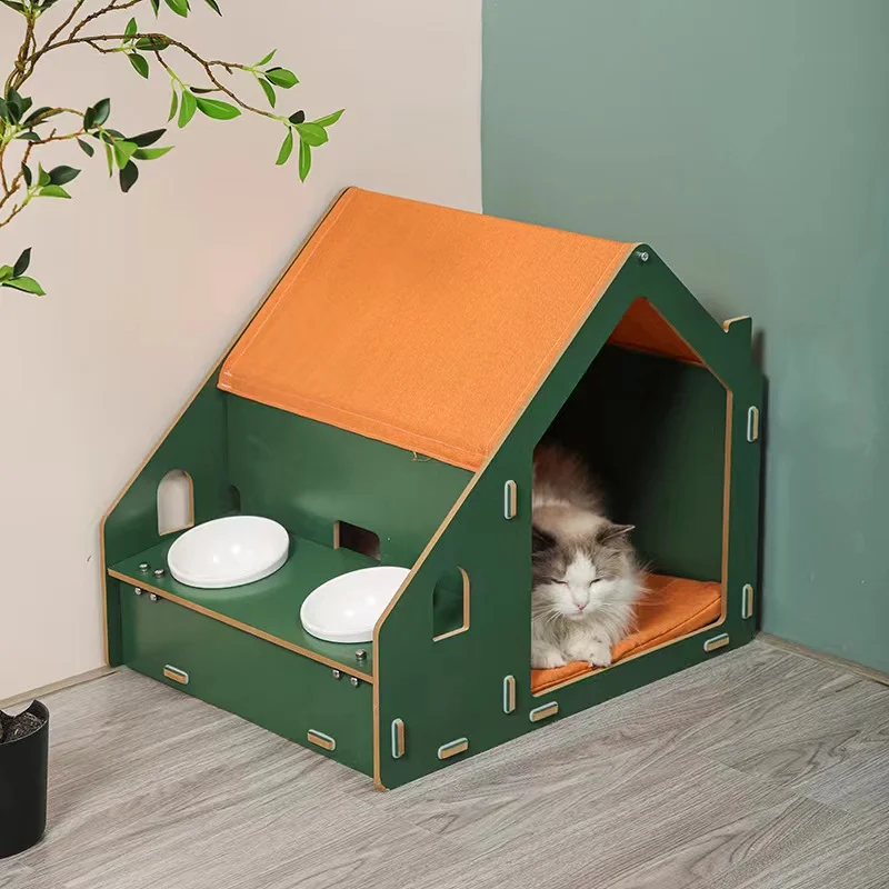

Multifunctional Detachable Cat Scratcher Bed Sofa House with Bowls, Green/white