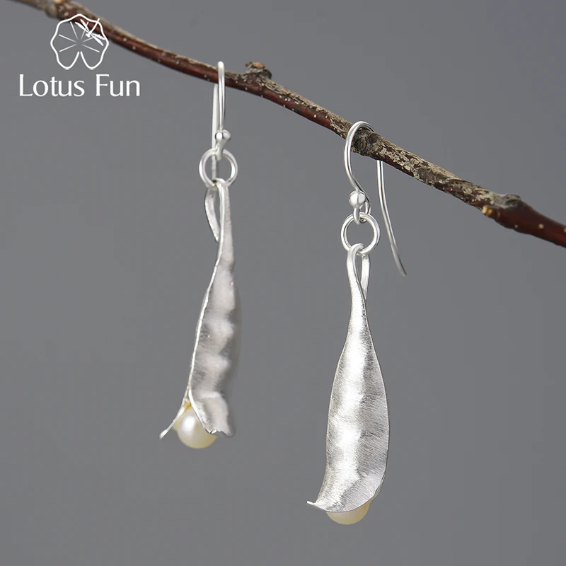 

Lotus Fun Natural Pearl Long Hanging Unusual New Pea Pods Dangle Earrings for Women Real 925 Sterling Silver Party Fine Jewelry