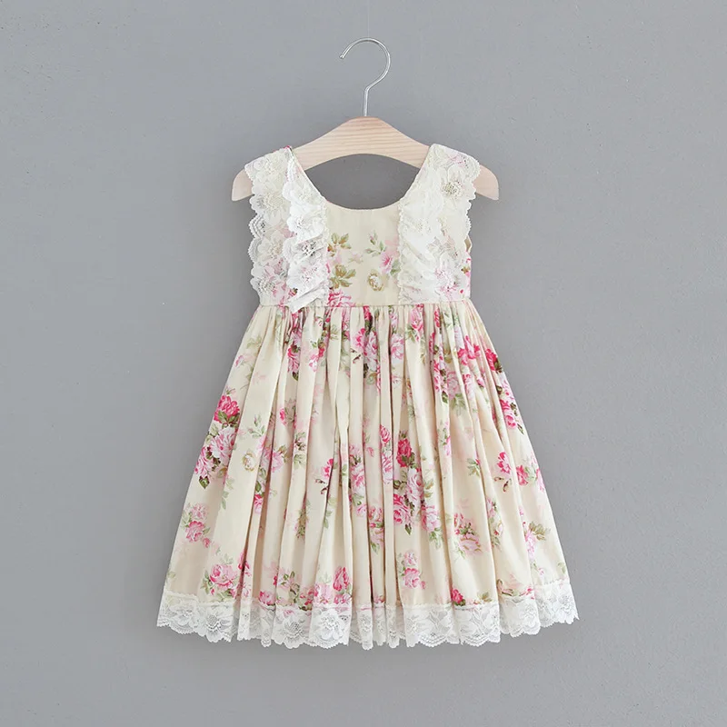 

New Design Floral Print Lace Sleeveless Princess Dress for Girl Birthday
